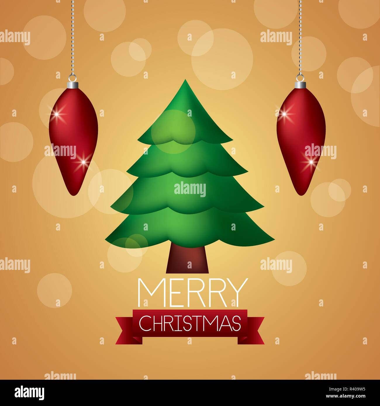 merry christmas tree red balls ribbon sign vector illustration Stock ...