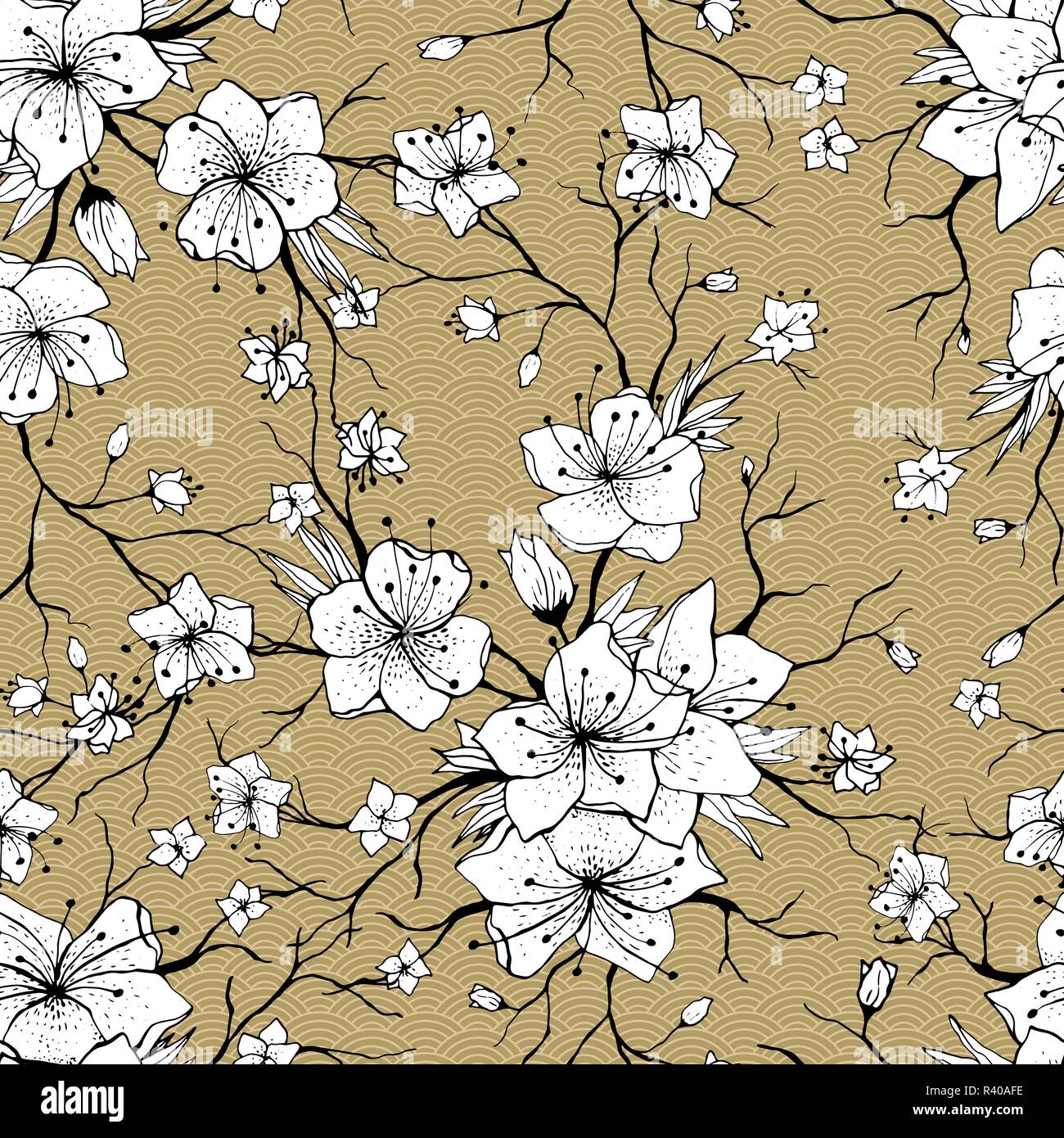 Sakura branches seamless pattern. Japanese Cherry abstract texture. Apple tree twigs with flowers and buds. Cherry blossom Golden background. Stock Vector