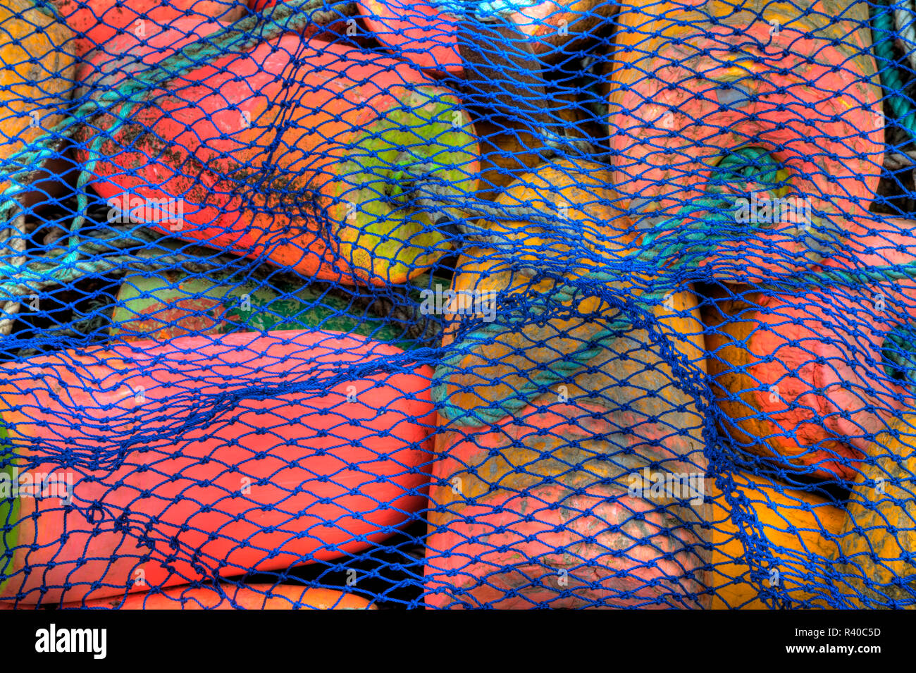 Crab pot floats in orange stored for season Garibaldi Harbor Stock