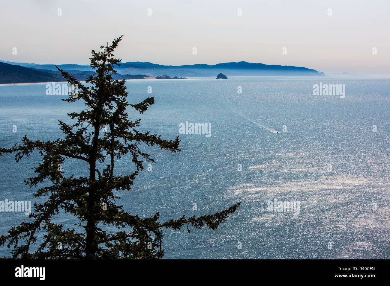 Three Capes Scenic Loop, Oregon Coast, Tillamook County. Speed boat on