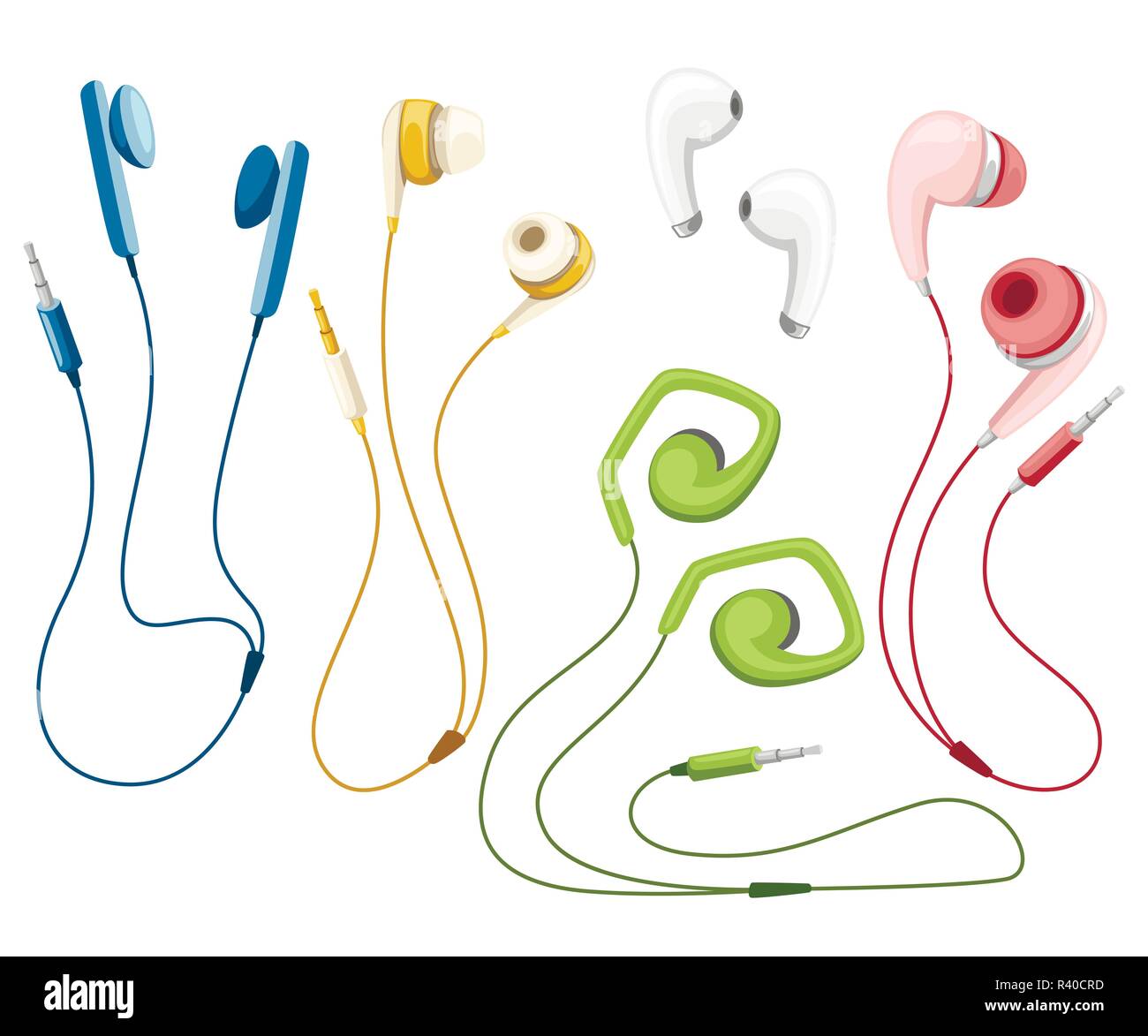 Set of wired and wireless earbuds. Colorful earphones in flat style