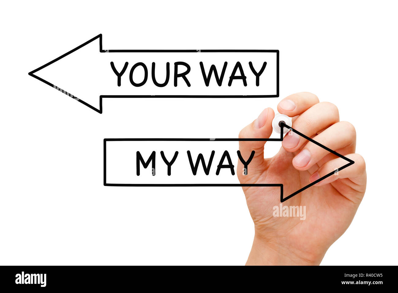Hand drawing disagreement, separation or divorce arrows concept with marker on transparent wipe board. I go My Way you go Your Way. Stock Photo