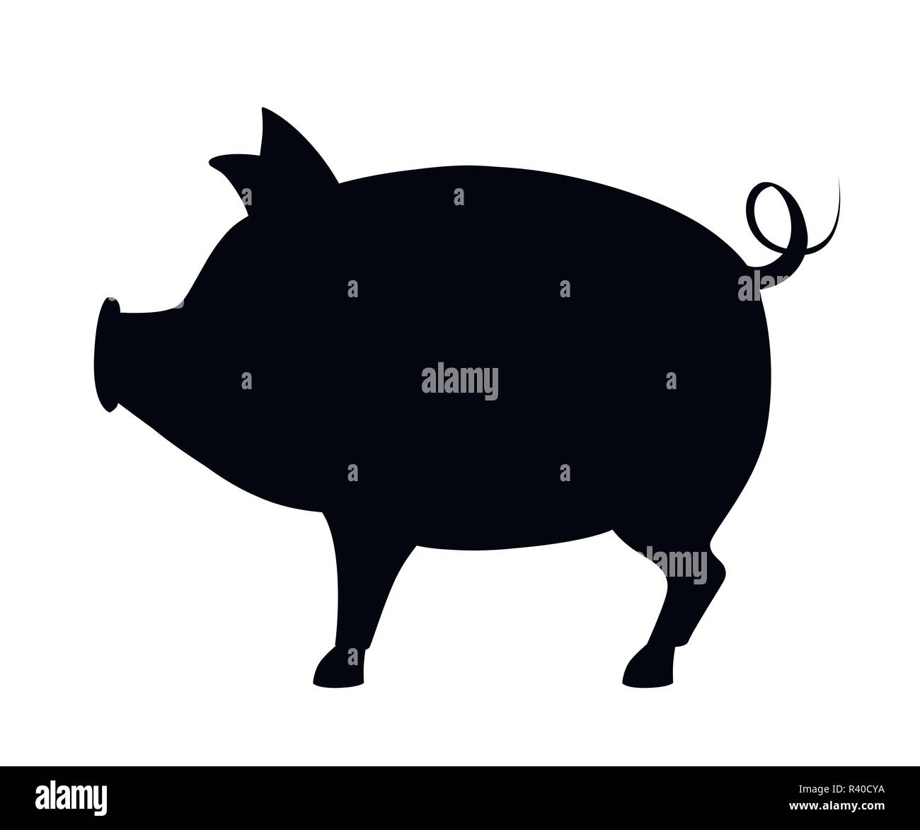 Black silhouette. Big pig with curly tail. Farm domestic animal. Flat style animal design. Vector illustration isolated on white background. Stock Vector