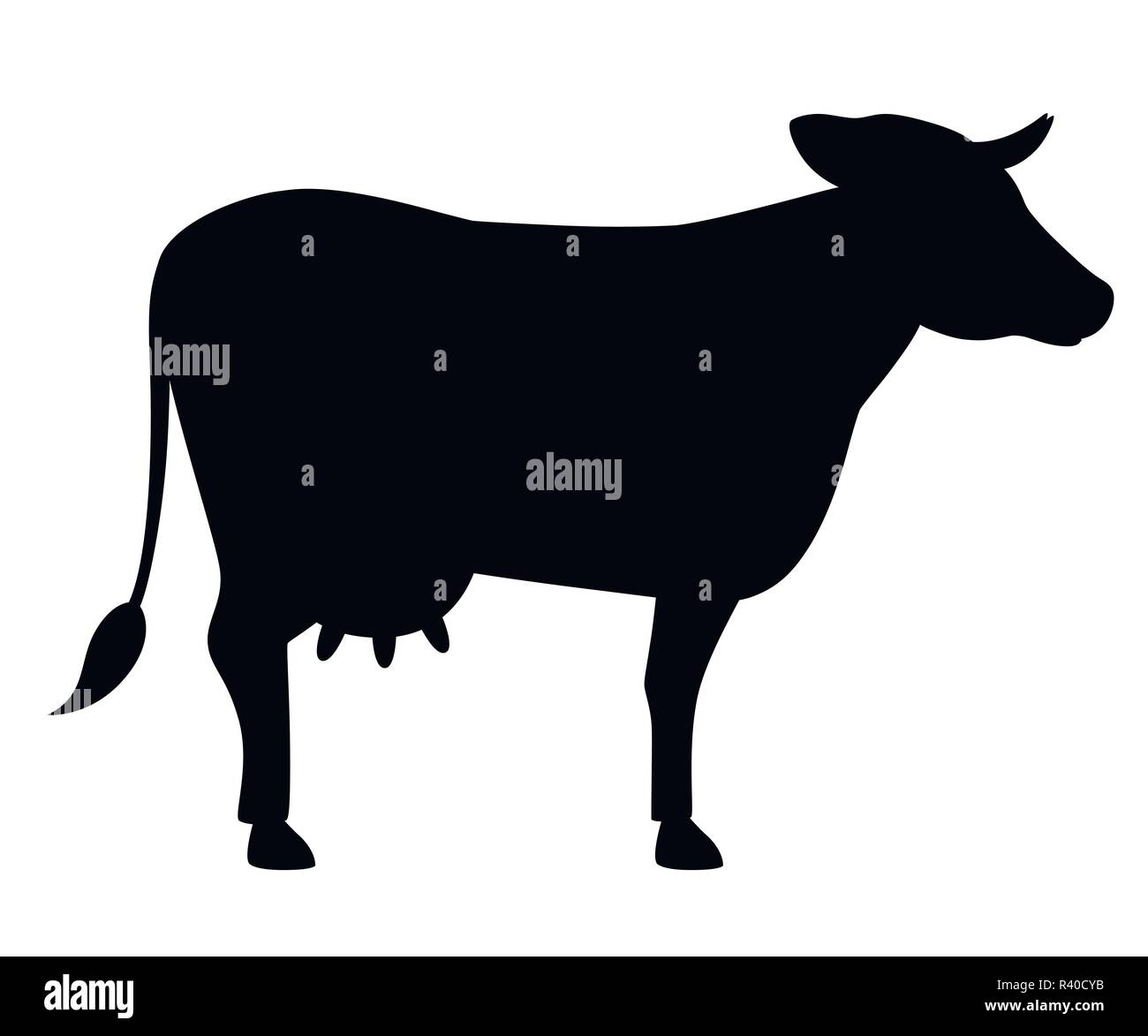 Black silhouette. Cute cow. Farm domestic animal. Flat style animal design. Vector illustration isolated on white background. Stock Vector