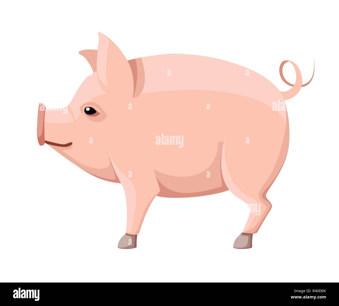 Pink big pig with curly tail. Farm domestic animal. Flat style animal design. Vector illustration isolated on white background. Stock Vector