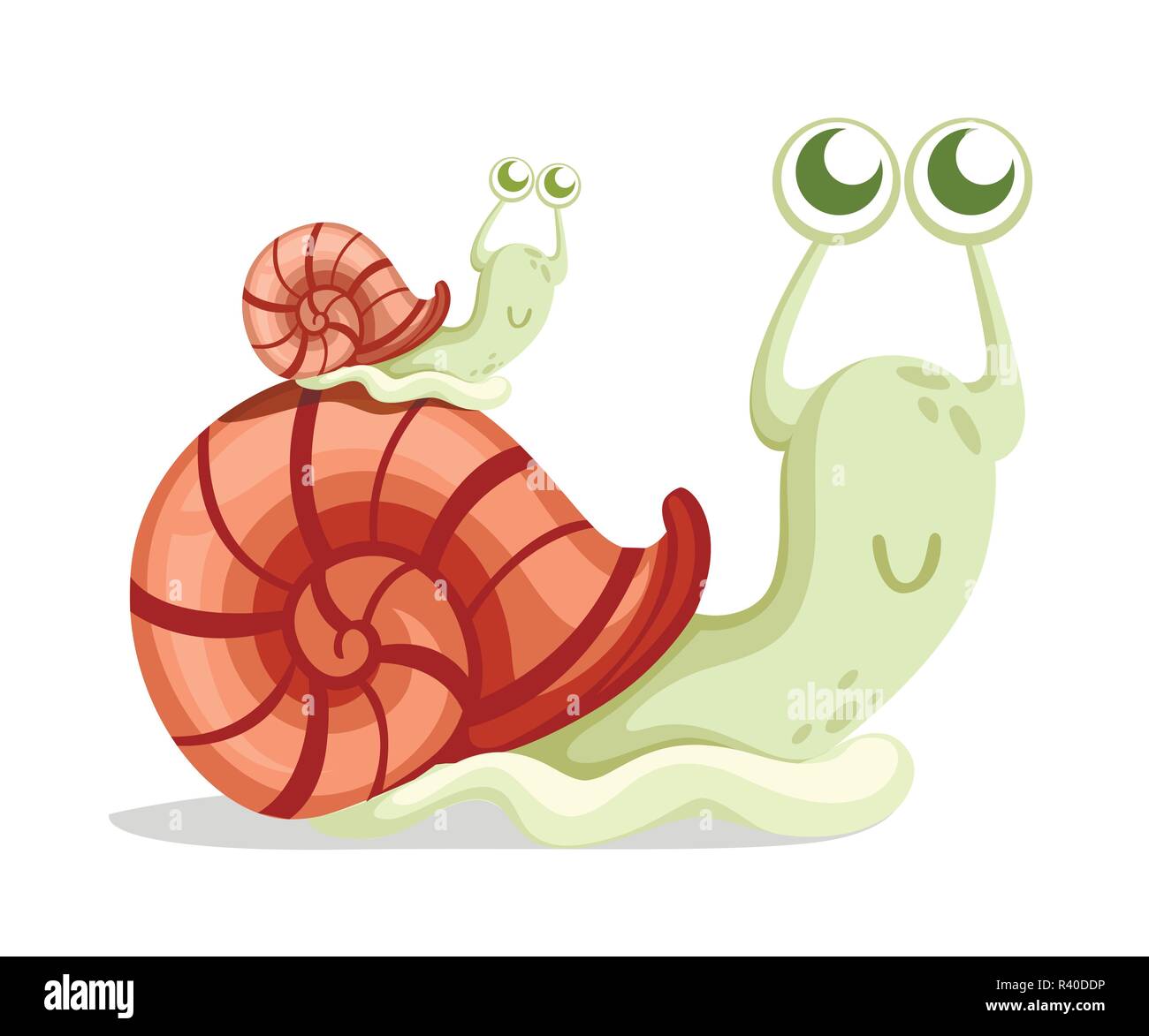Cute snail family. Big and small green snail. Forest animal. Cartoon character design. Flat