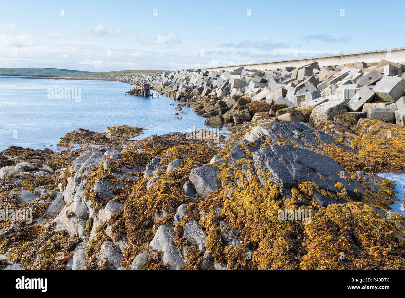 Churchill Barrier No 3 causeway, linking the islands of Glimps Holm and Burray, Orkney, Scotland, UK Stock Photo