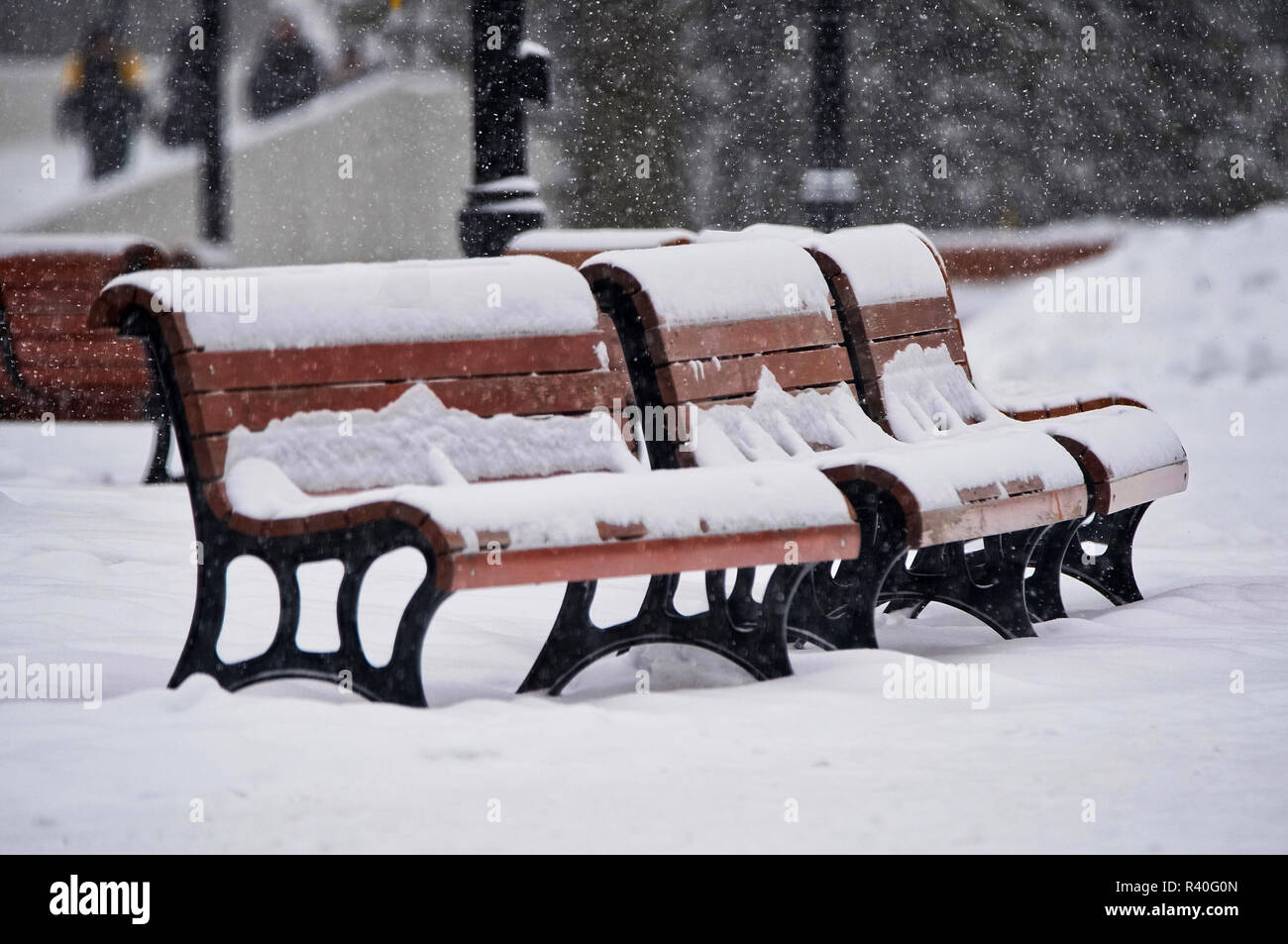 Montreal Canada 20 November 2018 Snow Falling On City Park Benches