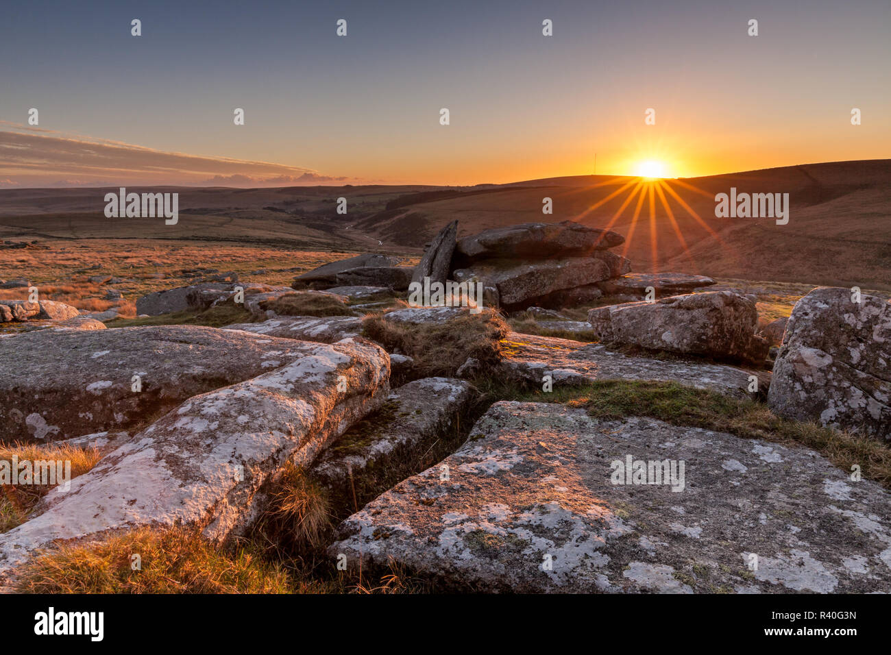 Sunset from Little Bee Tor in Dartmoor national park, England Stock Photo