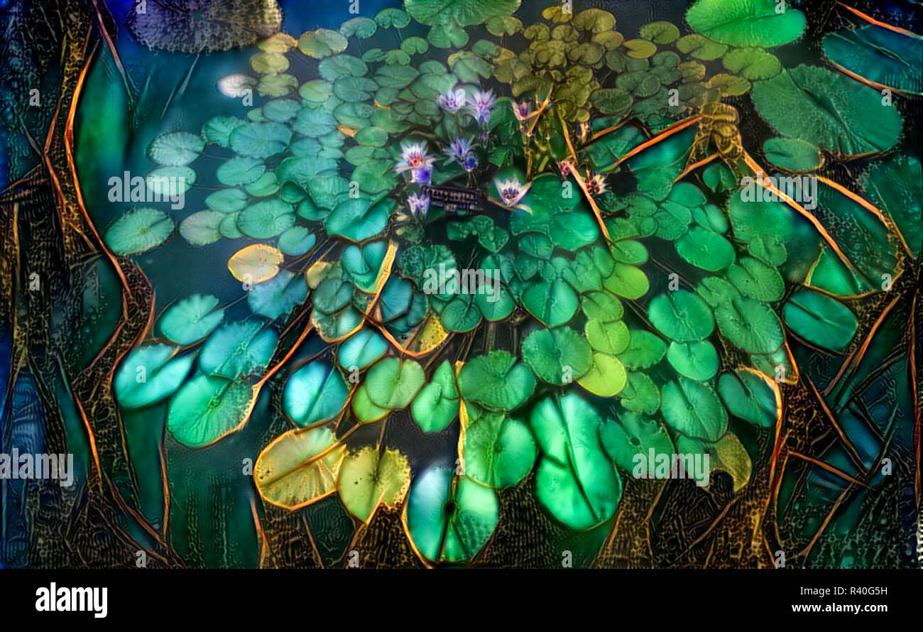 One of a series of beautiful images of water lilies done in an iridescent teal and gold design Stock Photo