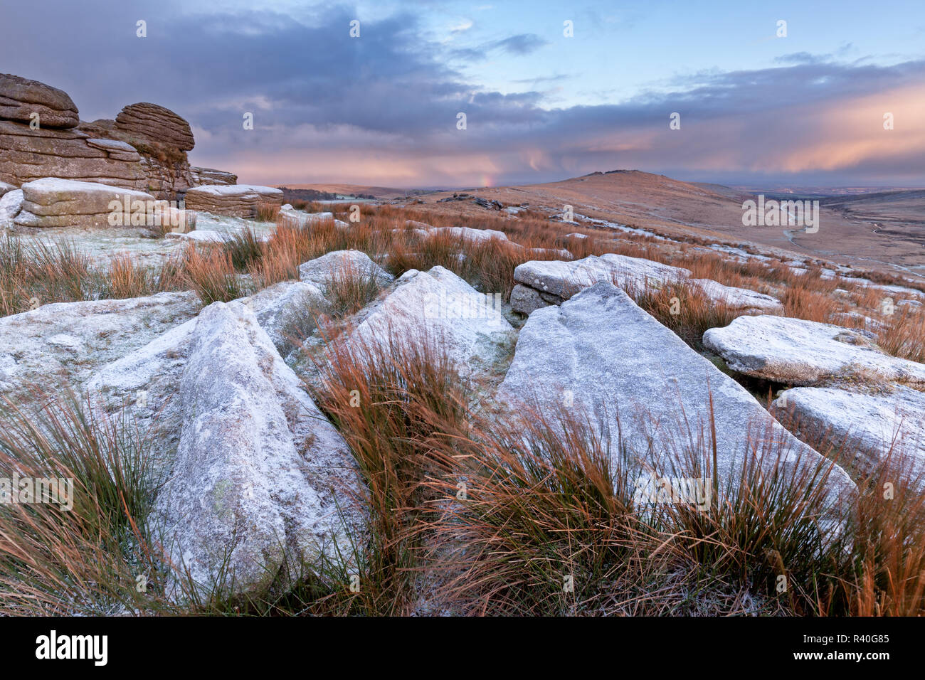 The view north from Oke Tor in winter - Dartmoor National Park Stock Photo