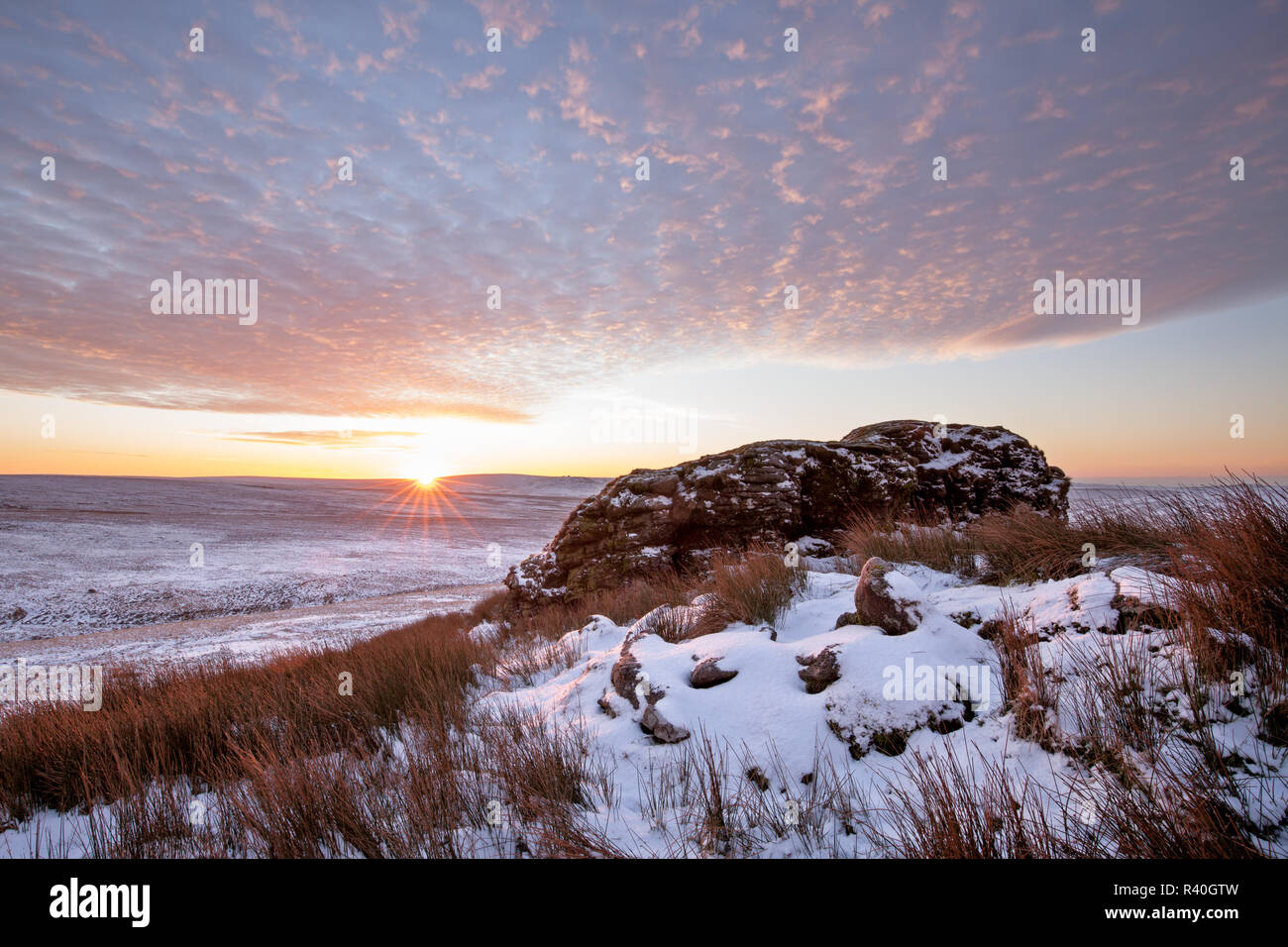 winter sunrise at Lower Dunna Goat Tor, Dartmoor National Park Stock Photo