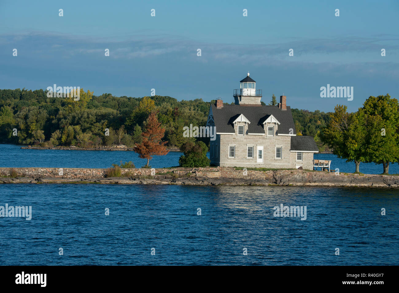 New York, Thousand Islands. Typical view of island home along the St