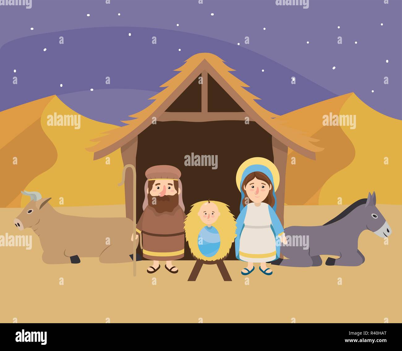 jesus between mary and joseph with donkey and mule vector illustration ...
