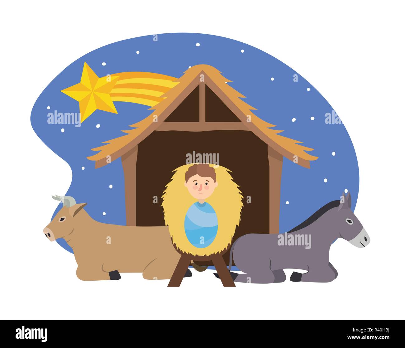 jesus between donkey and mule in the manger with star vector ...