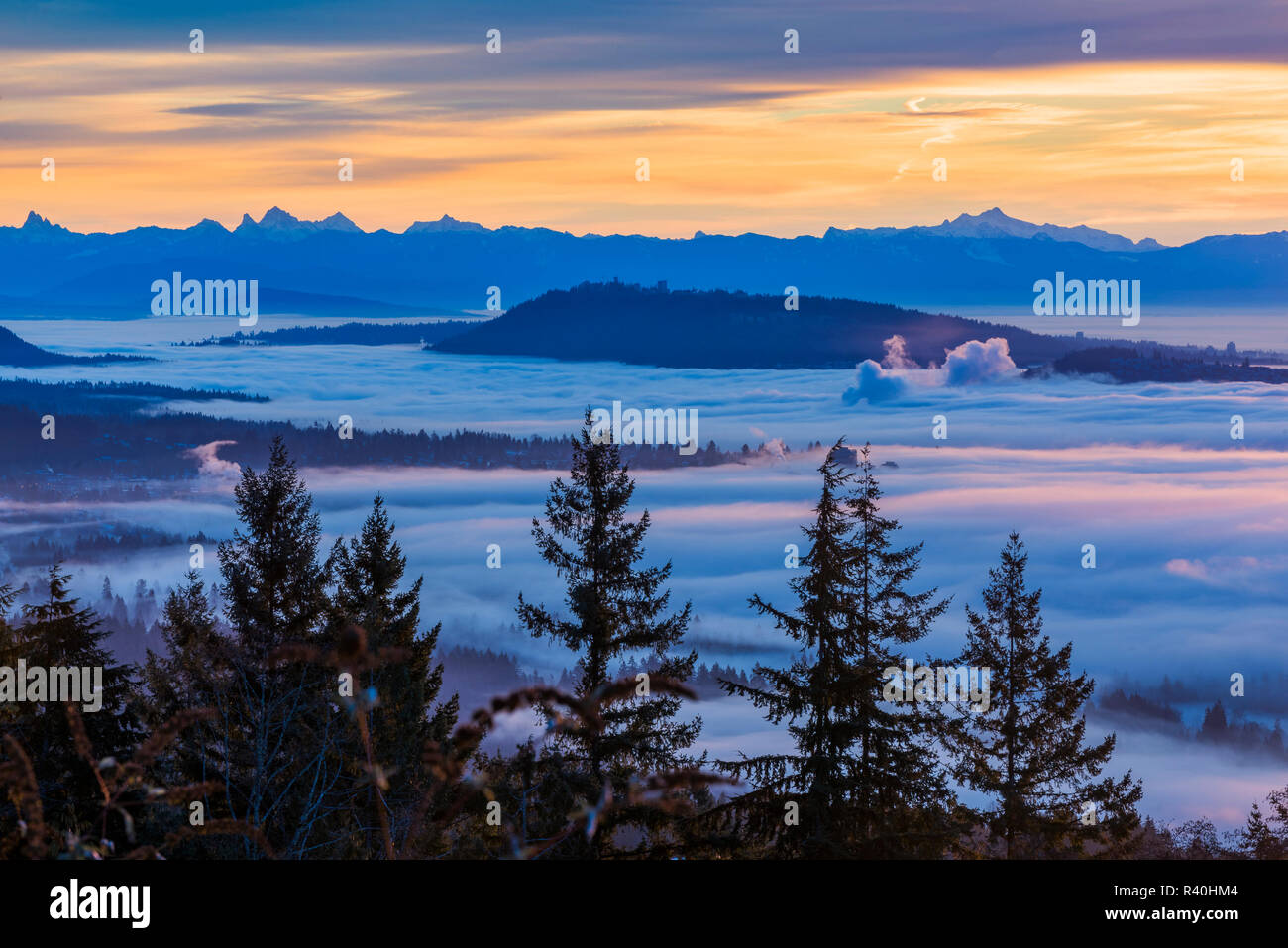 View from Cypress Mountain lookout of temperature inversion over Vancouver, British Columbia, Canada. Stock Photo