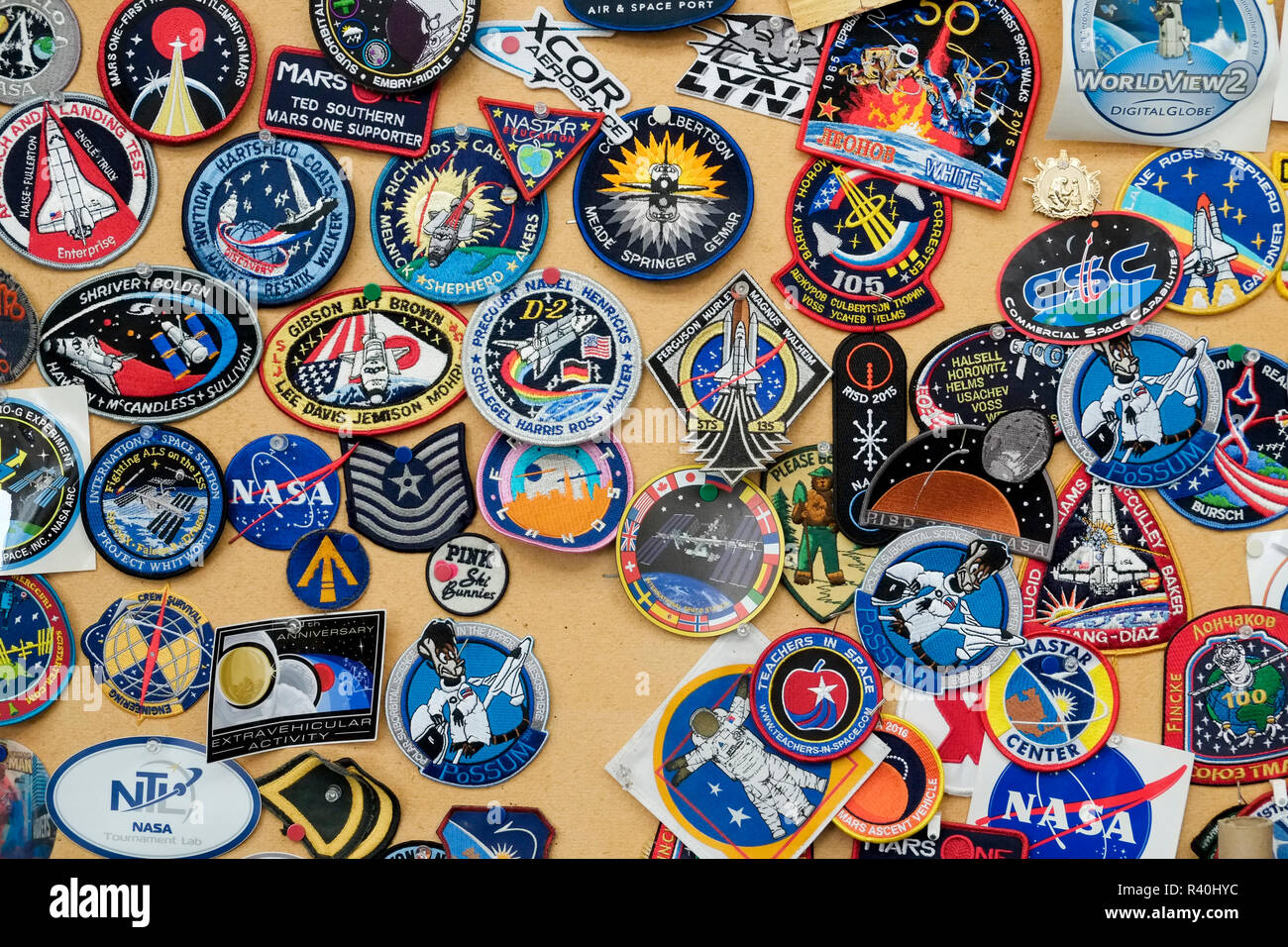 Patches at Final Frontier Design, manufacturers of space suits, Brooklyn, New York. USA. (Editorial Use Only) Stock Photo
