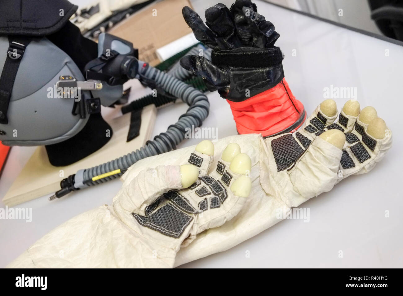 Space gloves and helmet at Final Frontier Design in Brooklyn, New York. USA. (Editorial Use Only) Stock Photo