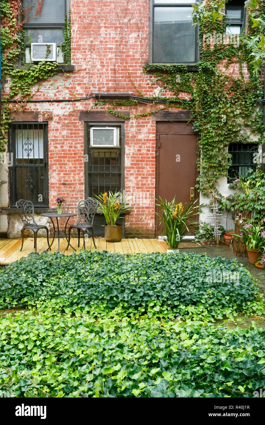 Patio of a garden apartment in Harlem, New York City, NY, USA Stock