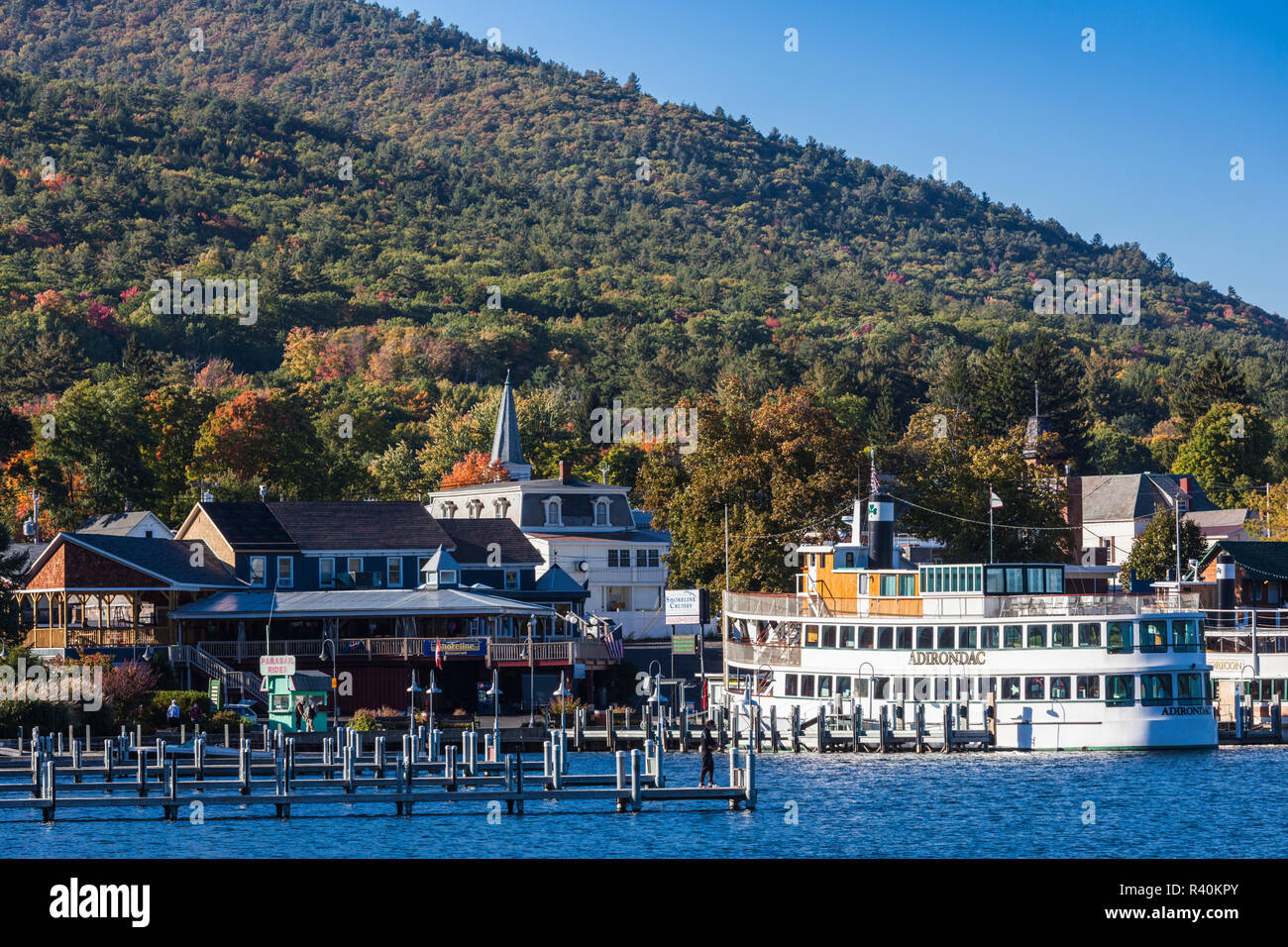 USA, New York, Adirondack Mountains, Lake George, lake steamer, autumn Stock Photo