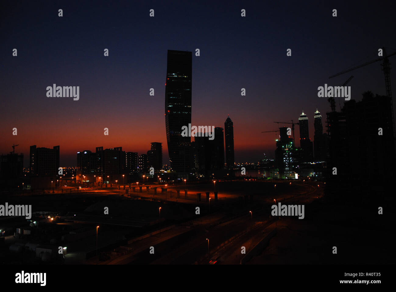 The glowing streets in Business Bay in Dubai Stock Photo