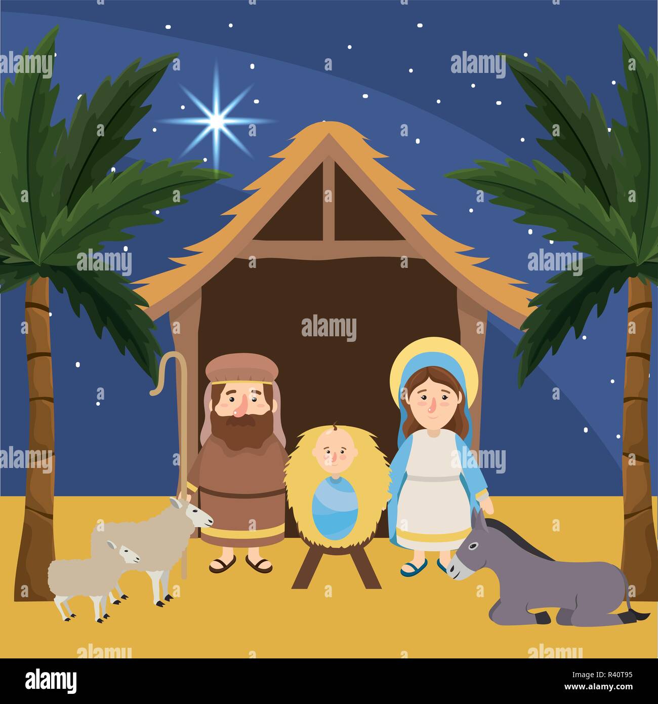 joseph with mary and jesus in the manger with sheeps and donkey vector ...