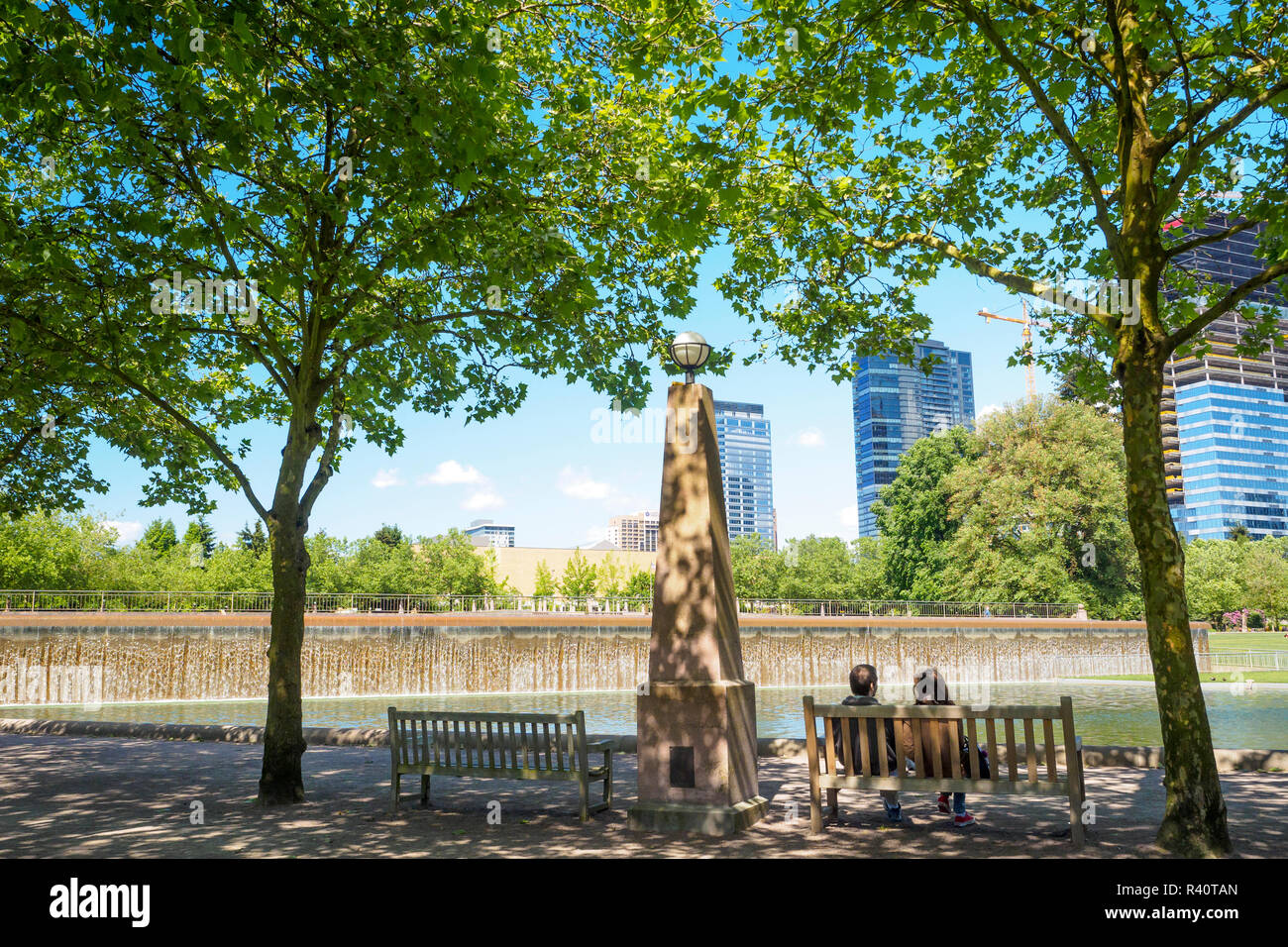 USA, Washington State, Bellevue. People relax in Downtown Park in the center of Bellevue. Stock Photo