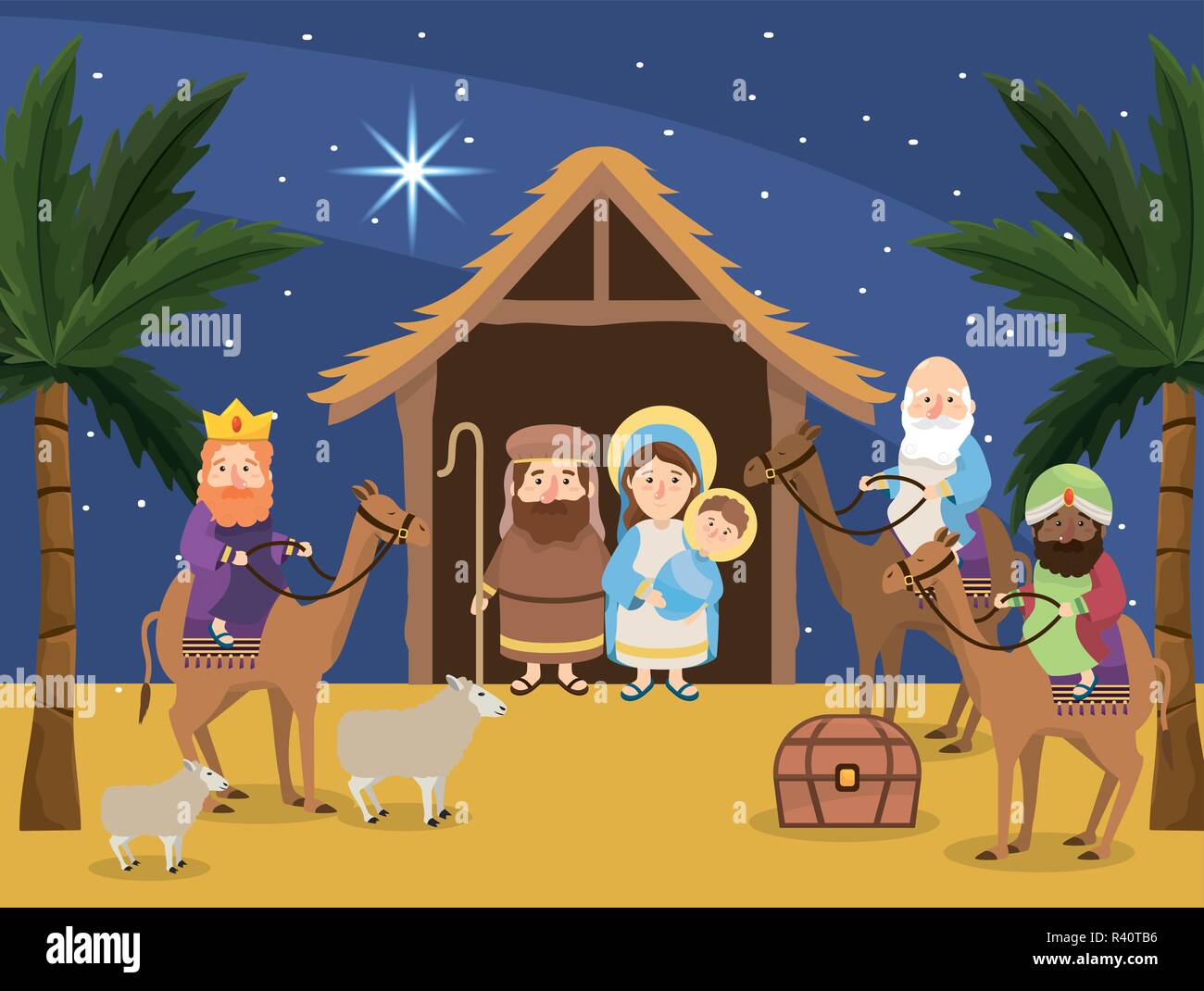 joseph with mary and jesus in the manger and magicians kings vector ...