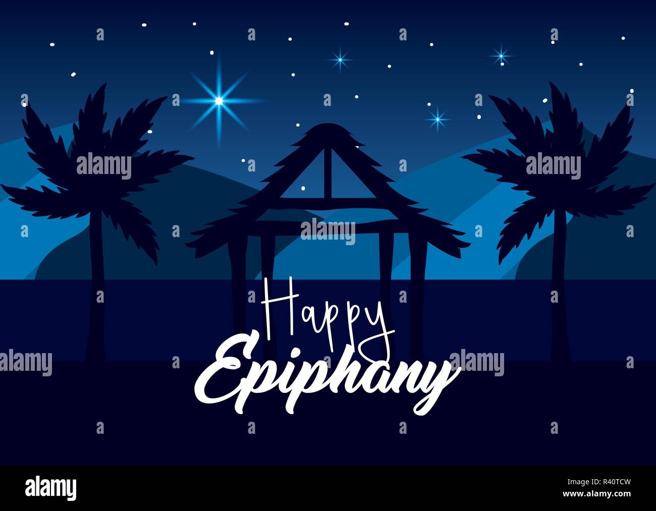 Epiphany Tree manger with palm tree and stars to happy epiphany vector illustration ...