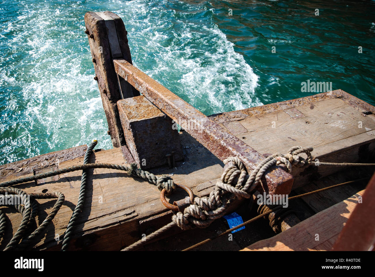 The steering mechanism of a typical abras boat in Dubai Creek Stock