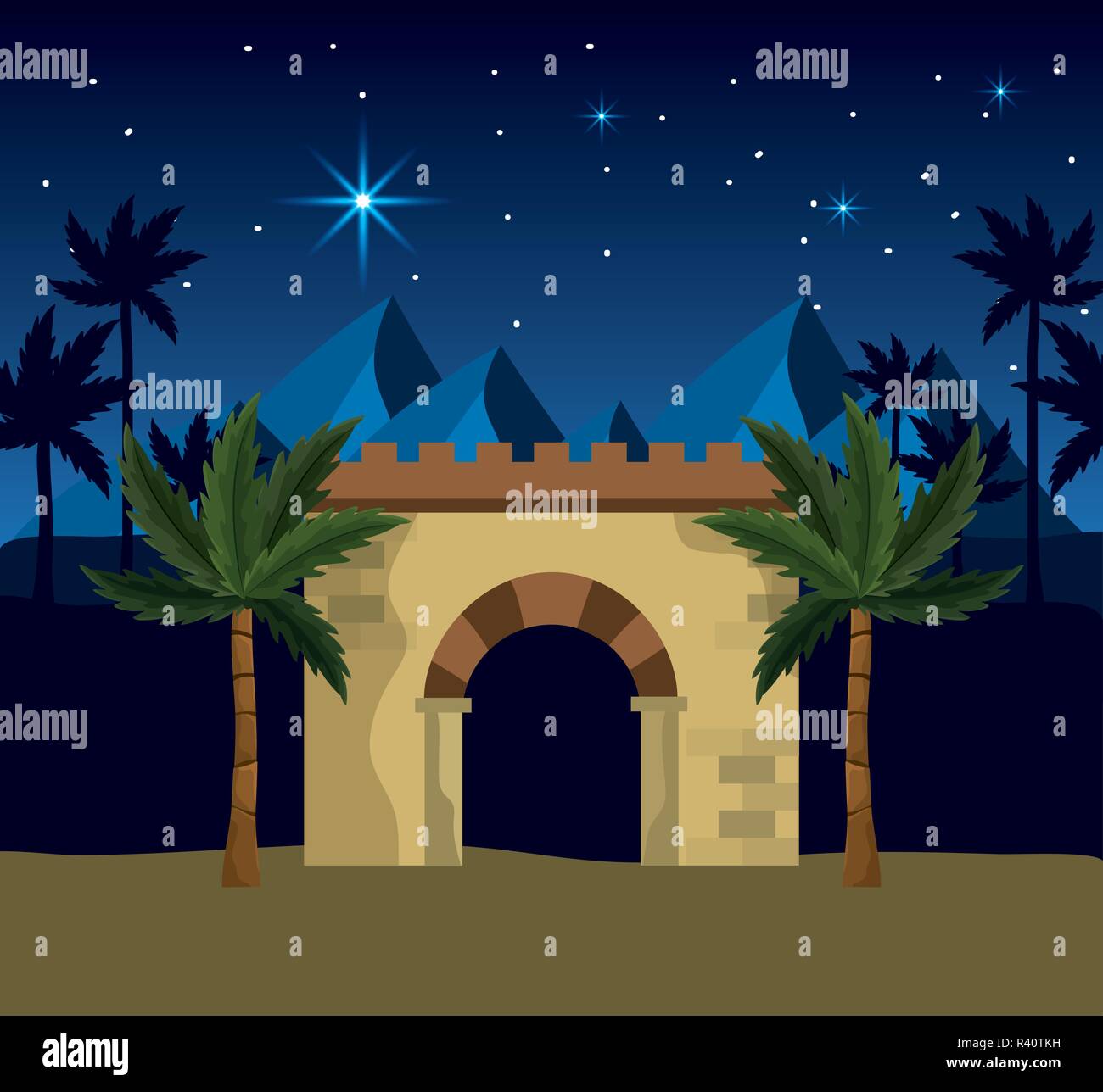 Epiphany Tree happy epiphany with desert mountains and palm trees vector illustration ...