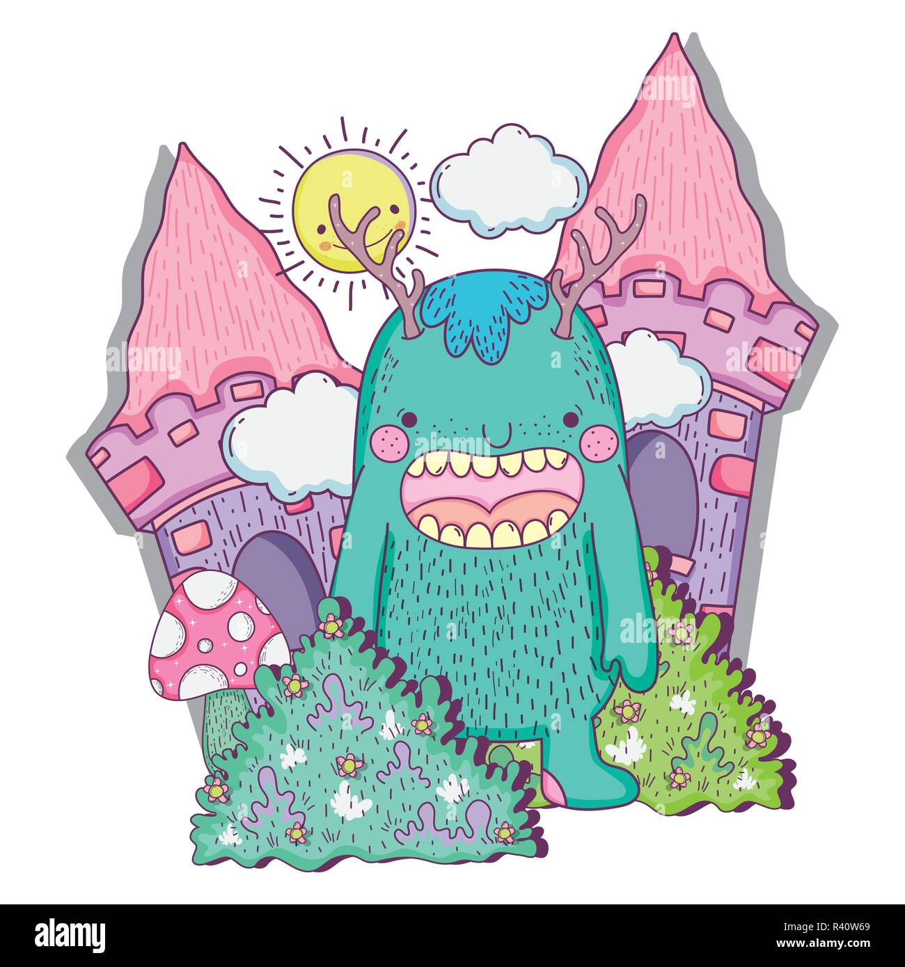 monster with antlers in the bushes with castle and sun vector