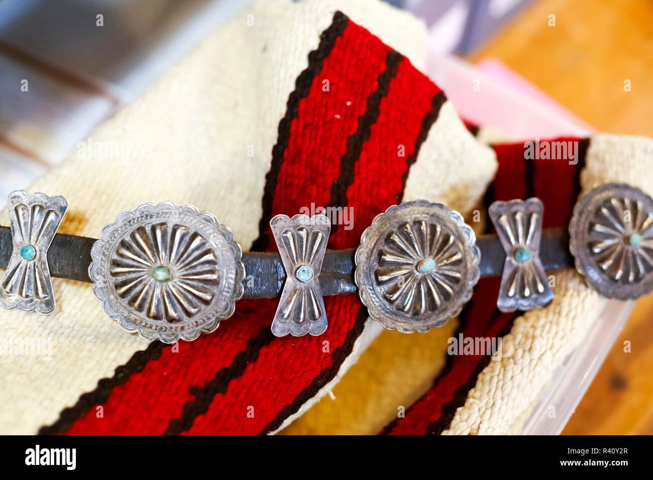 Vintage Native American belt and rug in a consignment store in Santa Fe