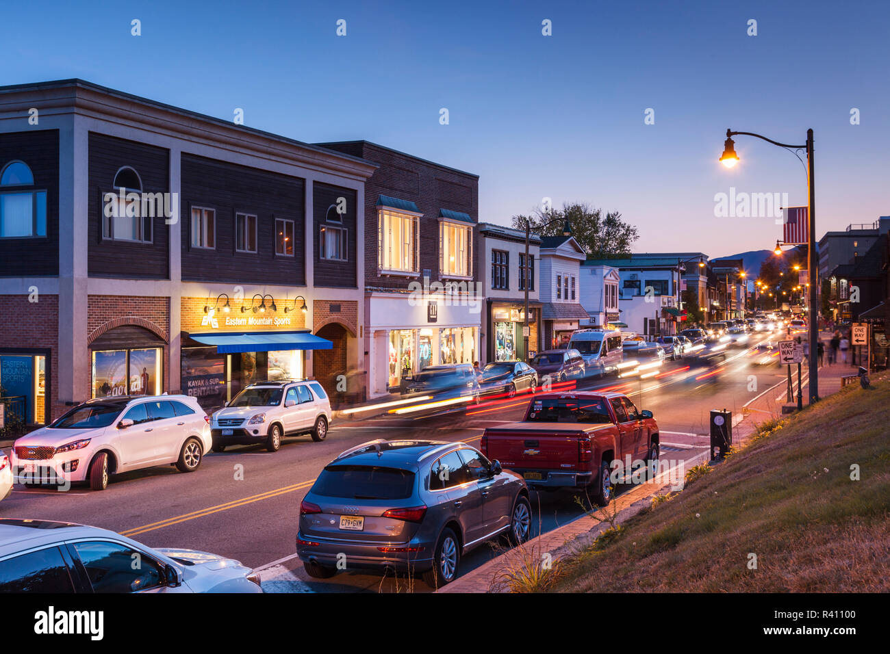 USA, New York, Adirondack Mountains, Lake Placid, Main Street Stock