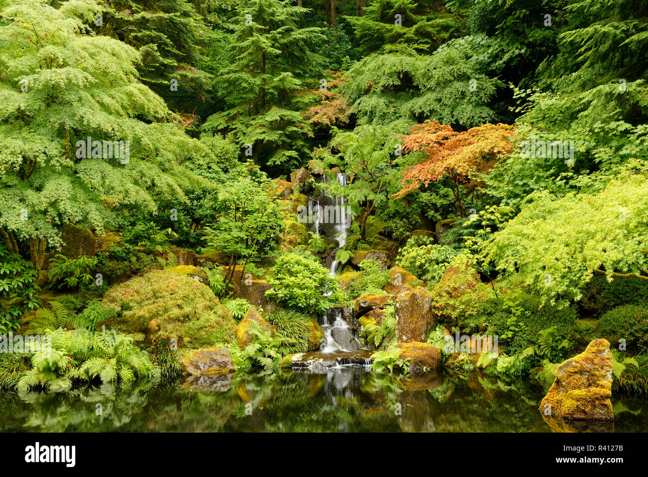 Waterfall at the Portland Japanese Garden, Washington Park in the west hills of Portland, Oregon Stock Photo