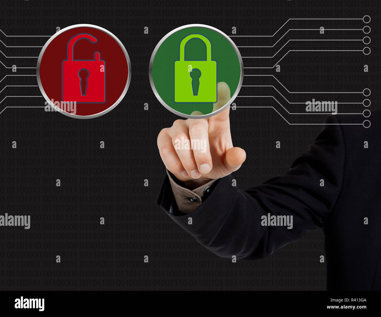 Hand pushing virtual security button Stock Photo