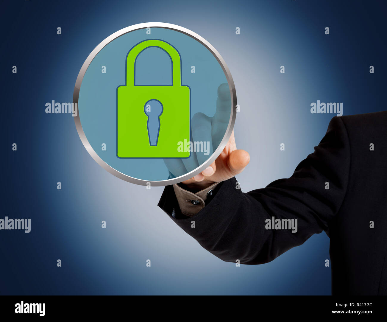 Hand pushing virtual security button Stock Photo