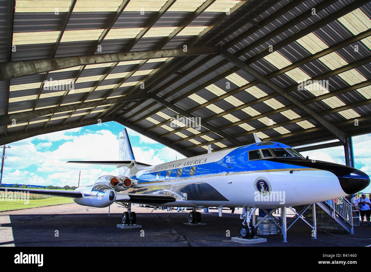 Air Force One Half Lyndon B Johnson s US Presidential Jet Aircraft parked in hangar at Lyndon B Johnson Historical Park Texas USA Stock Photo Alamy