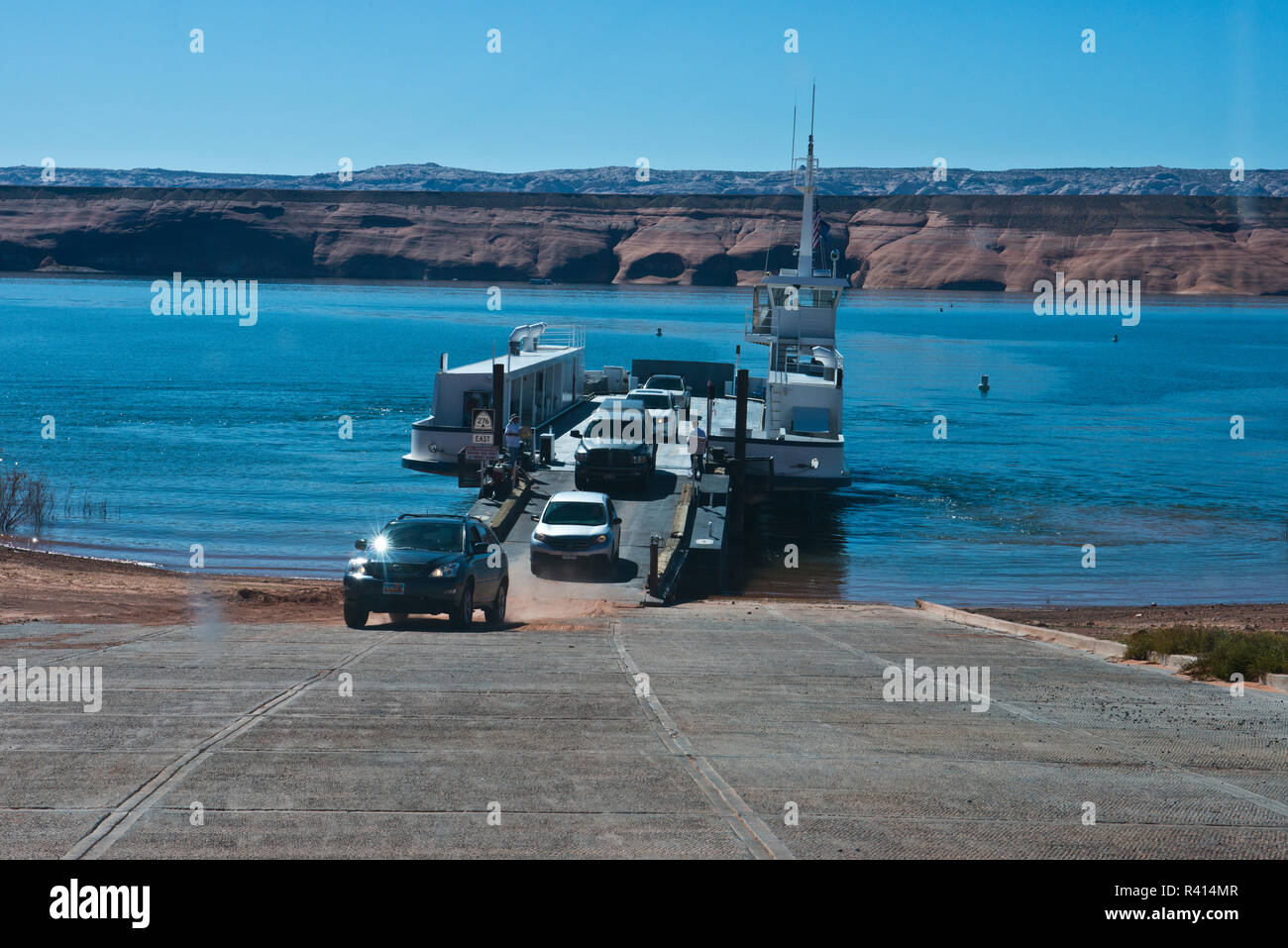 USA, Utah. Lake Powell, Bullfrog, Ferry Boat dock and Ramp, unloading