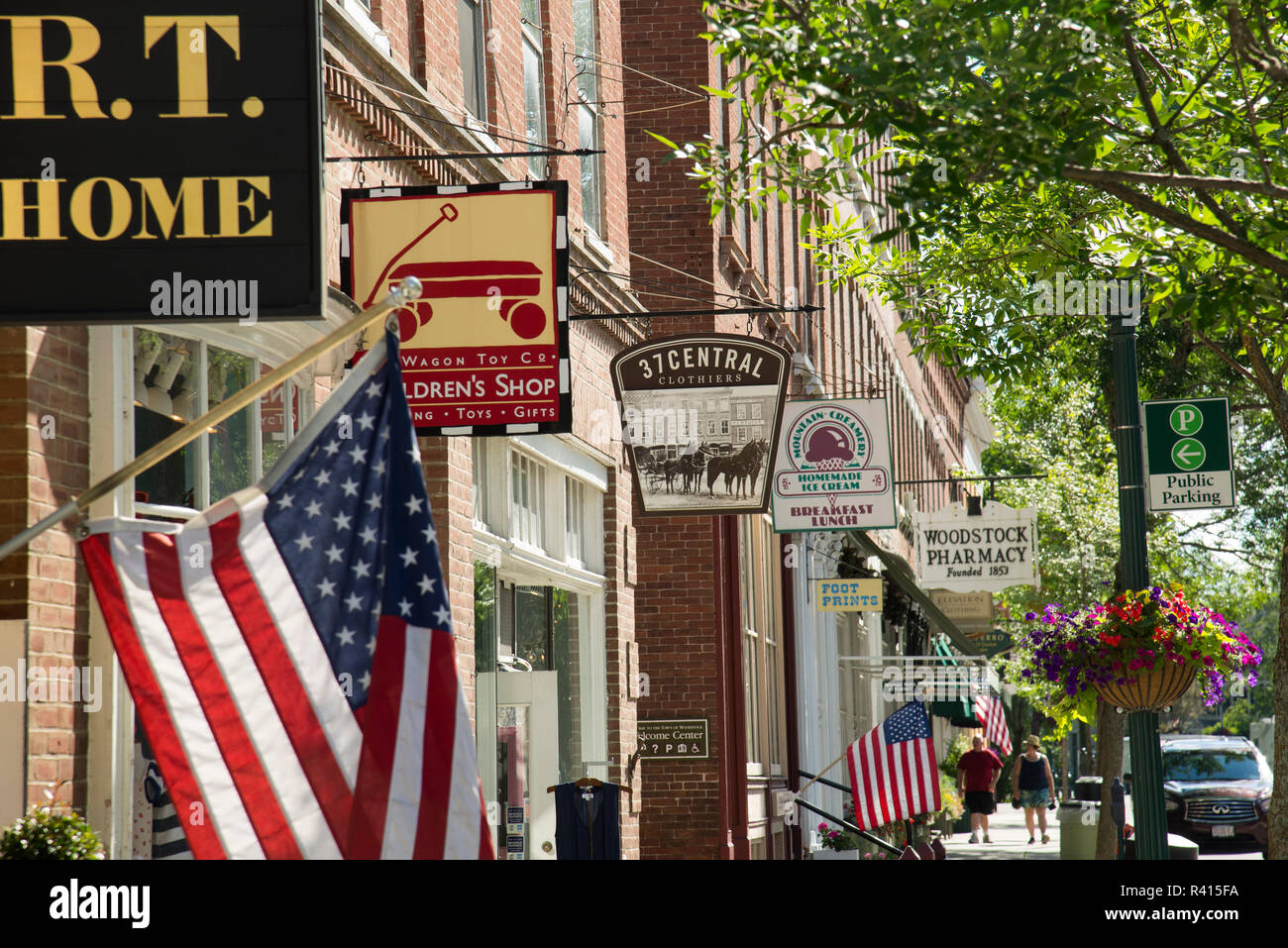 Central Street in downtown Woodstock Vermont, store signs Stock Photo