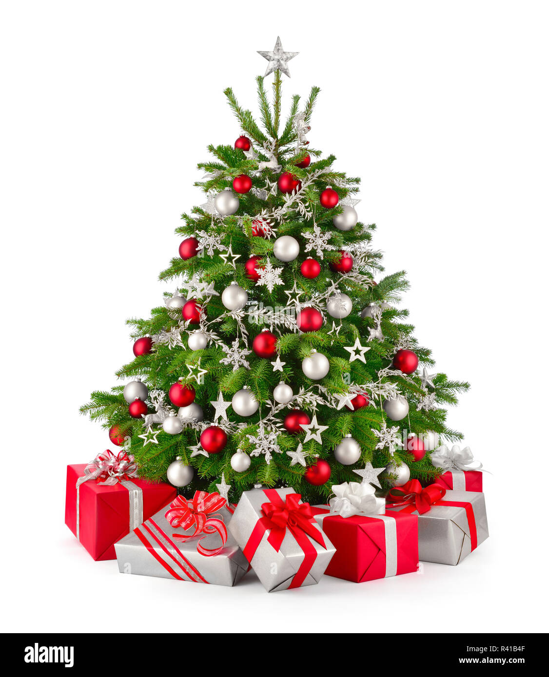 christmas tree and gifts in red and silverberg Stock Photo