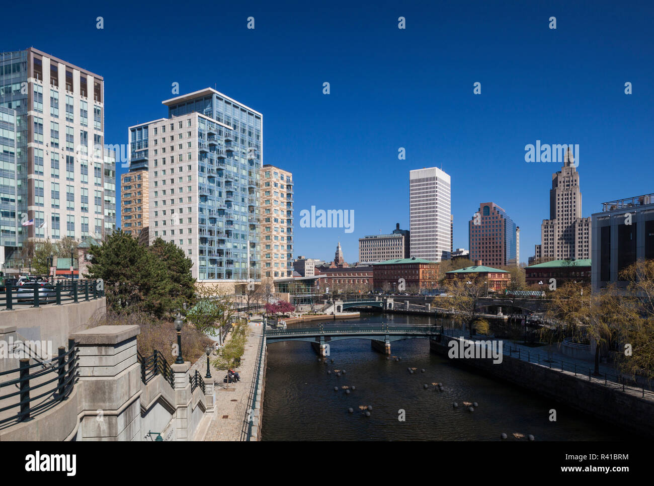 USA, Rhode Island, Providence, city skyline from Waterplace Park Stock
