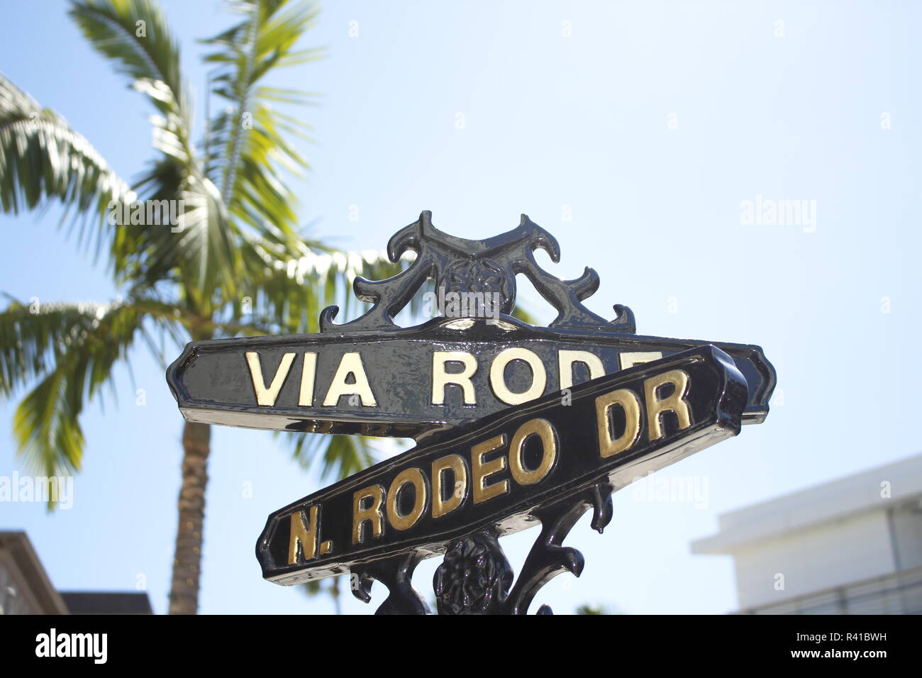 Rodeo Drive Straßenschild Los Angeles USA, im Hintergrund eine Palme Stock Photo