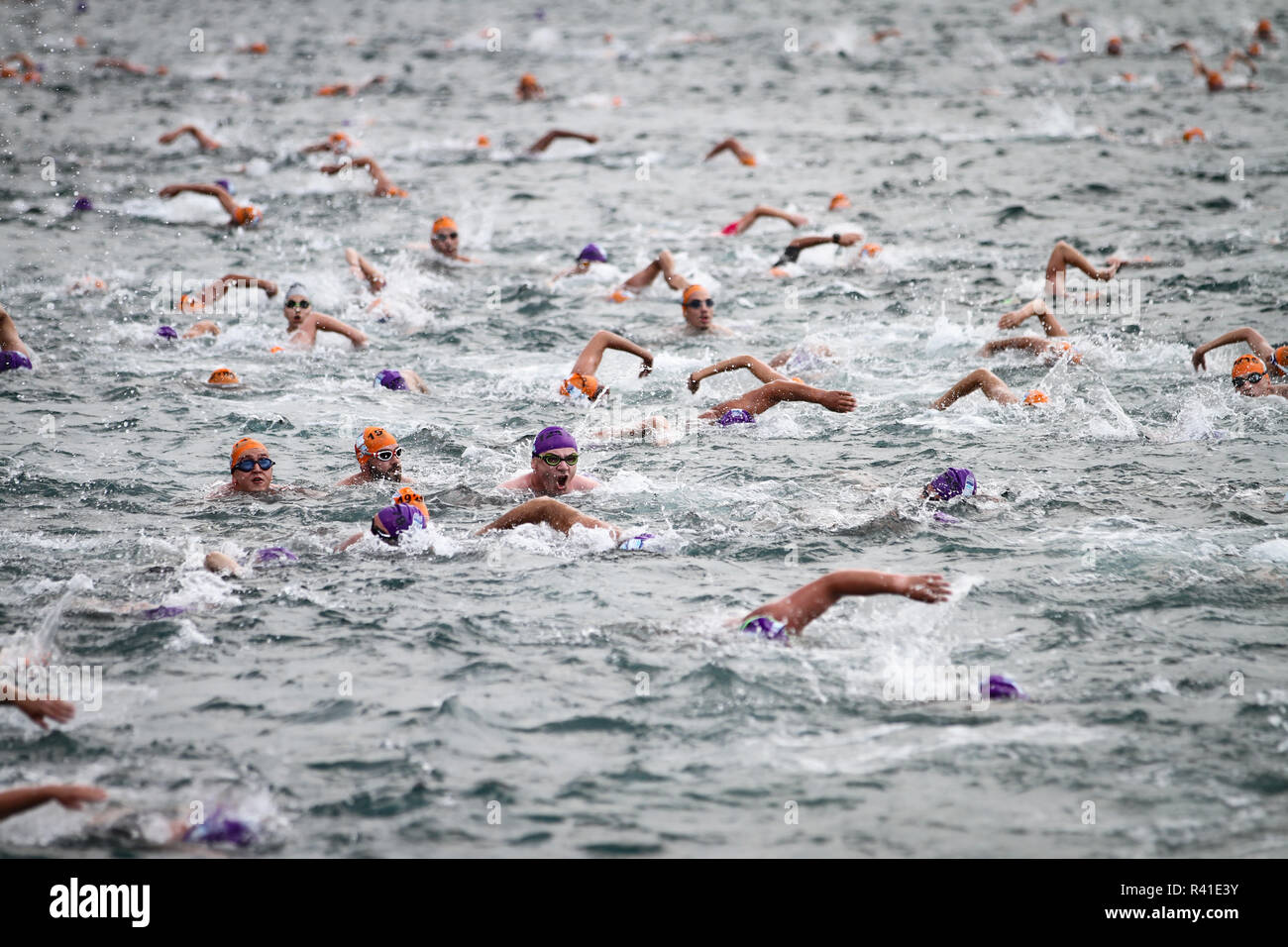 ISTANBUL, TURKEY JULY 22, 2018 Swimmers swim during Samsung Bosphorus Cross Continental