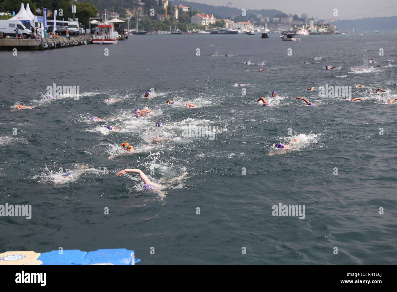 ISTANBUL, TURKEY JULY 22, 2018 Swimmers swim during Samsung Bosphorus Cross Continental