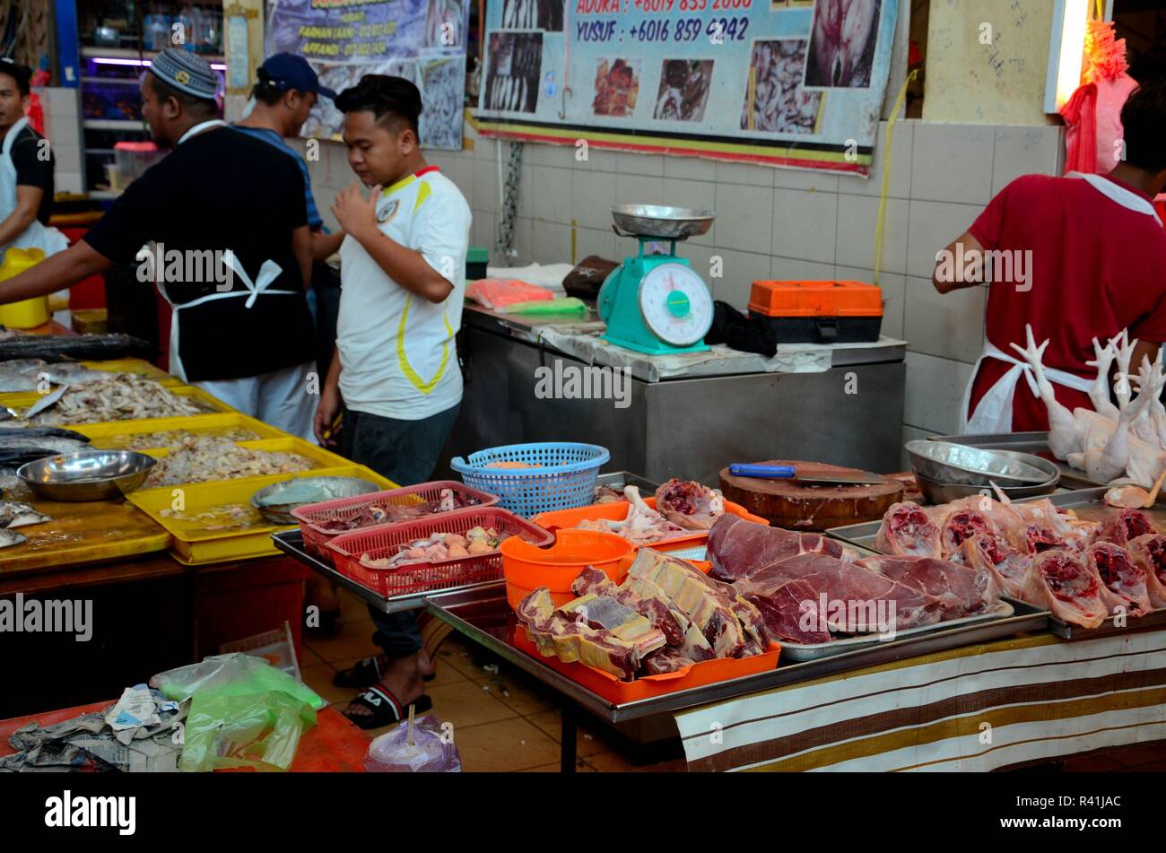 Halal Butcher Fresh Meat Chicken Seafood At Satok Weekend Wet Market Kuching Sarawak Malaysia Stock Photo Alamy
