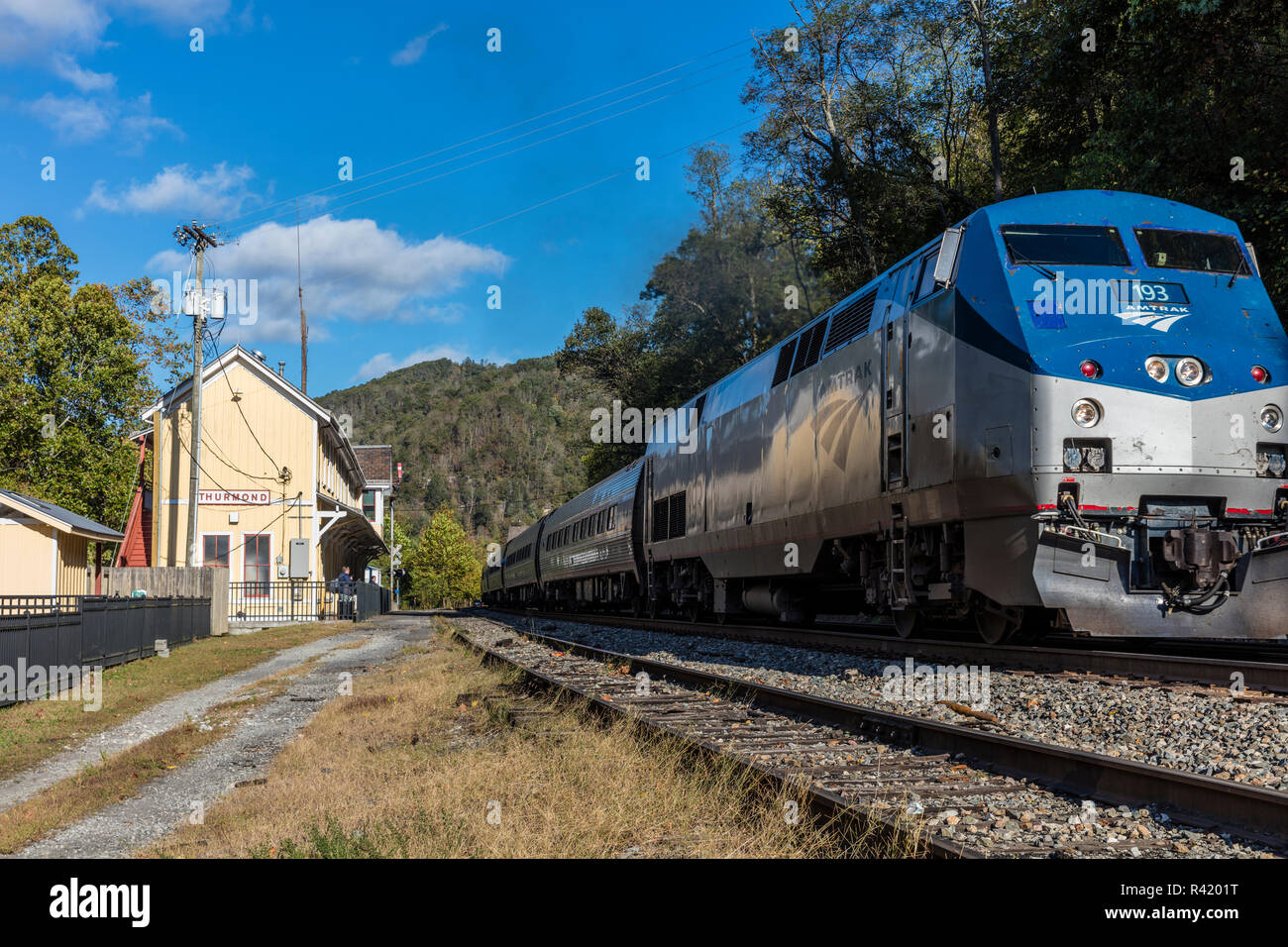 Amtrak Train pulls into the smallest train depot in the USA at Thurmond