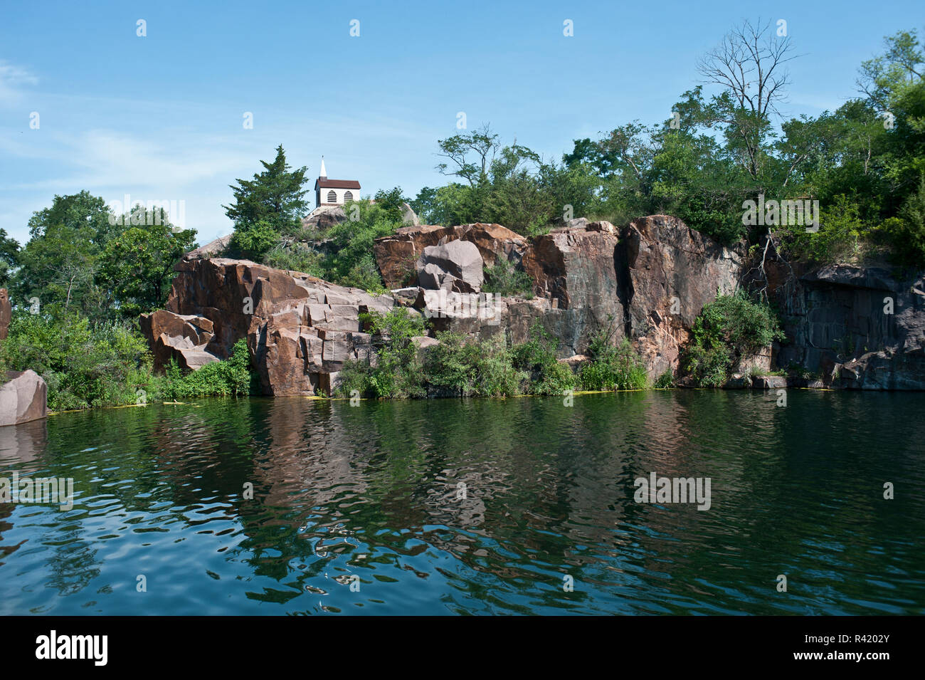 USA, Wisconsin, Montello, Daggett Memorial Park, with church atop quarry, gift to Montello, by
