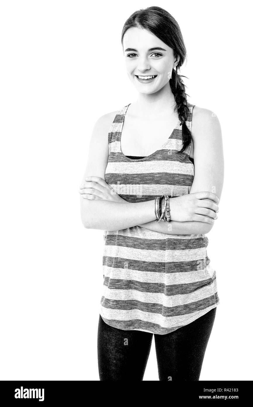 Black and white image of a smiling teenager Stock Photo