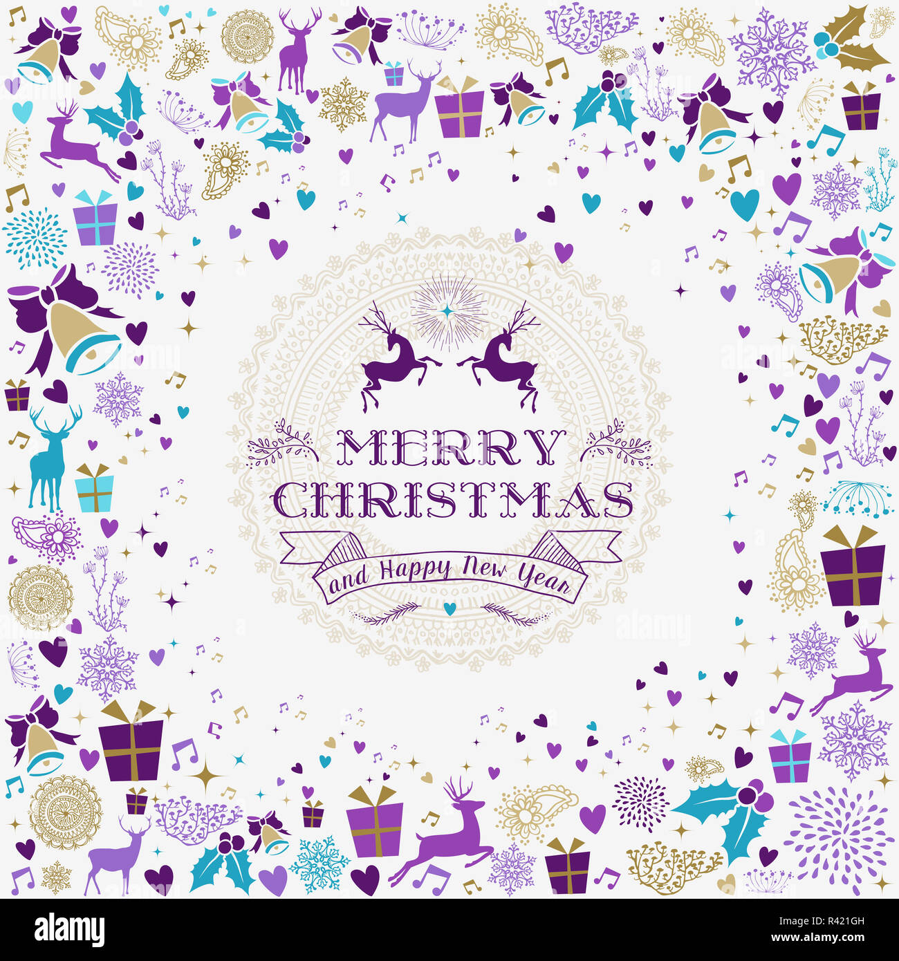 Merry christmas happy new year reindeer label card Stock Photo